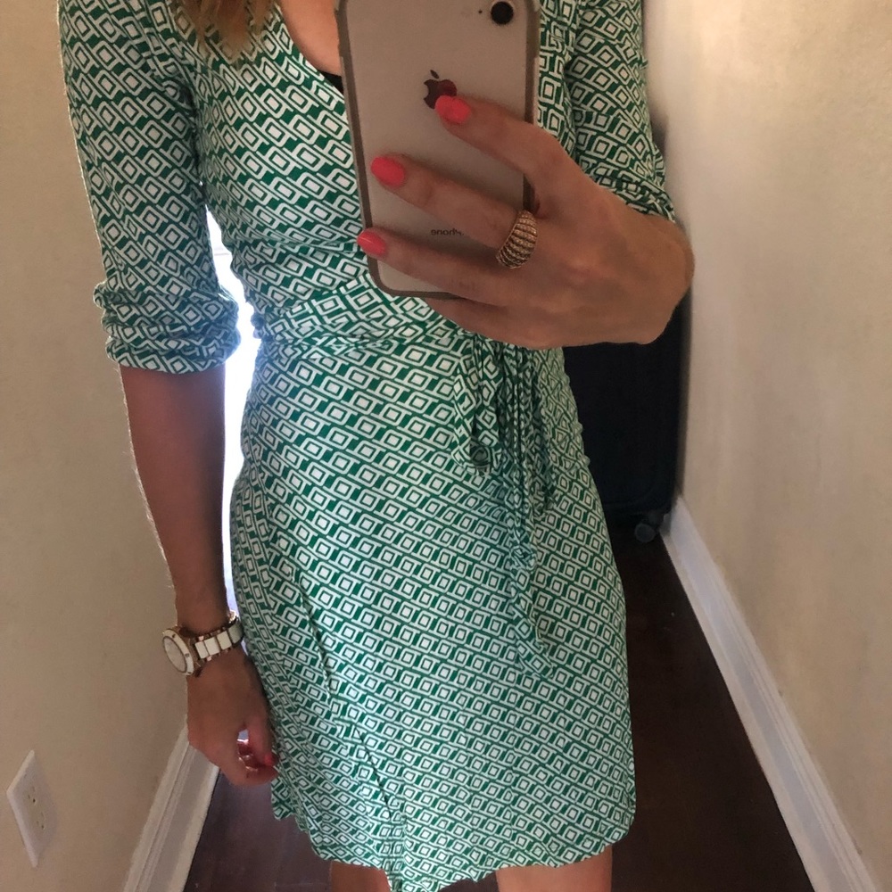 Green wrap dress.
